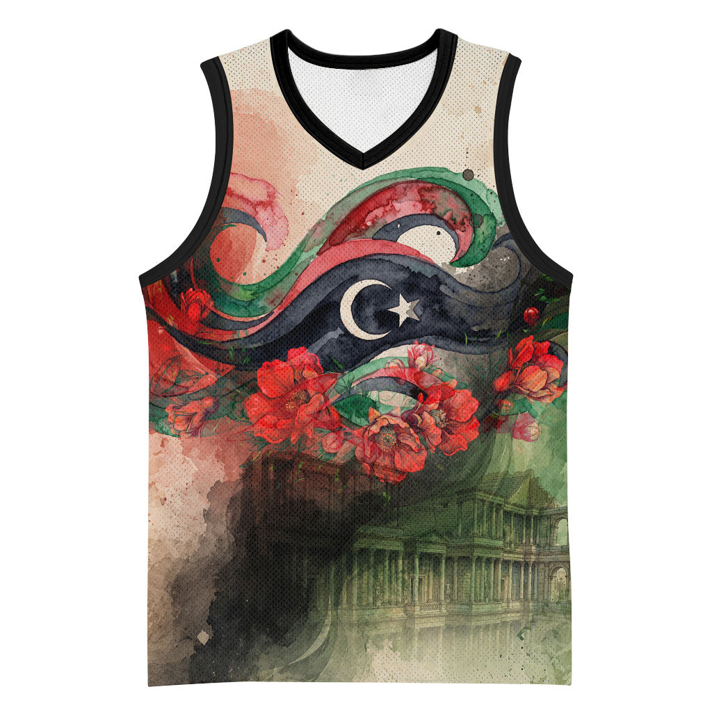 Libya Revolution Day Basketball Jersey Libyan National Pride Watercolor Flag Waves Floral