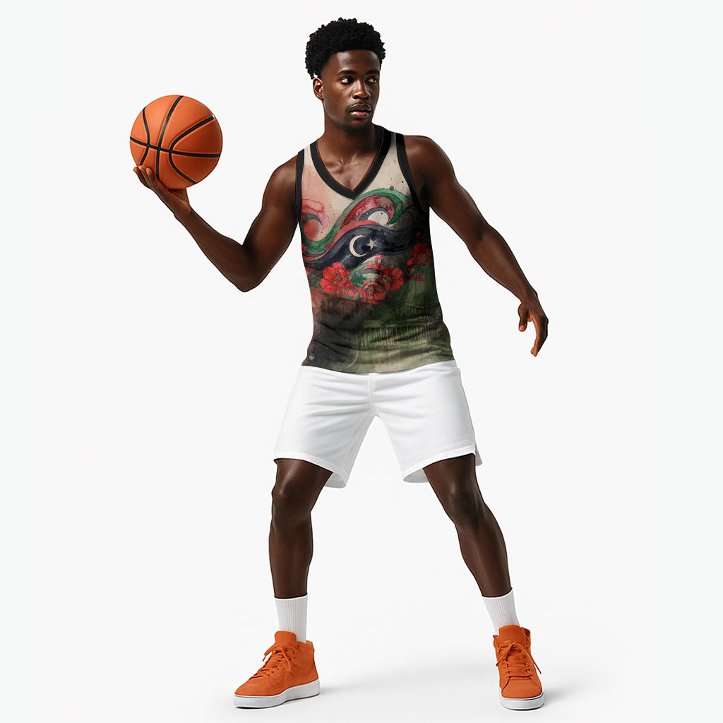 Libya Revolution Day Basketball Jersey Libyan National Pride Watercolor Flag Waves Floral