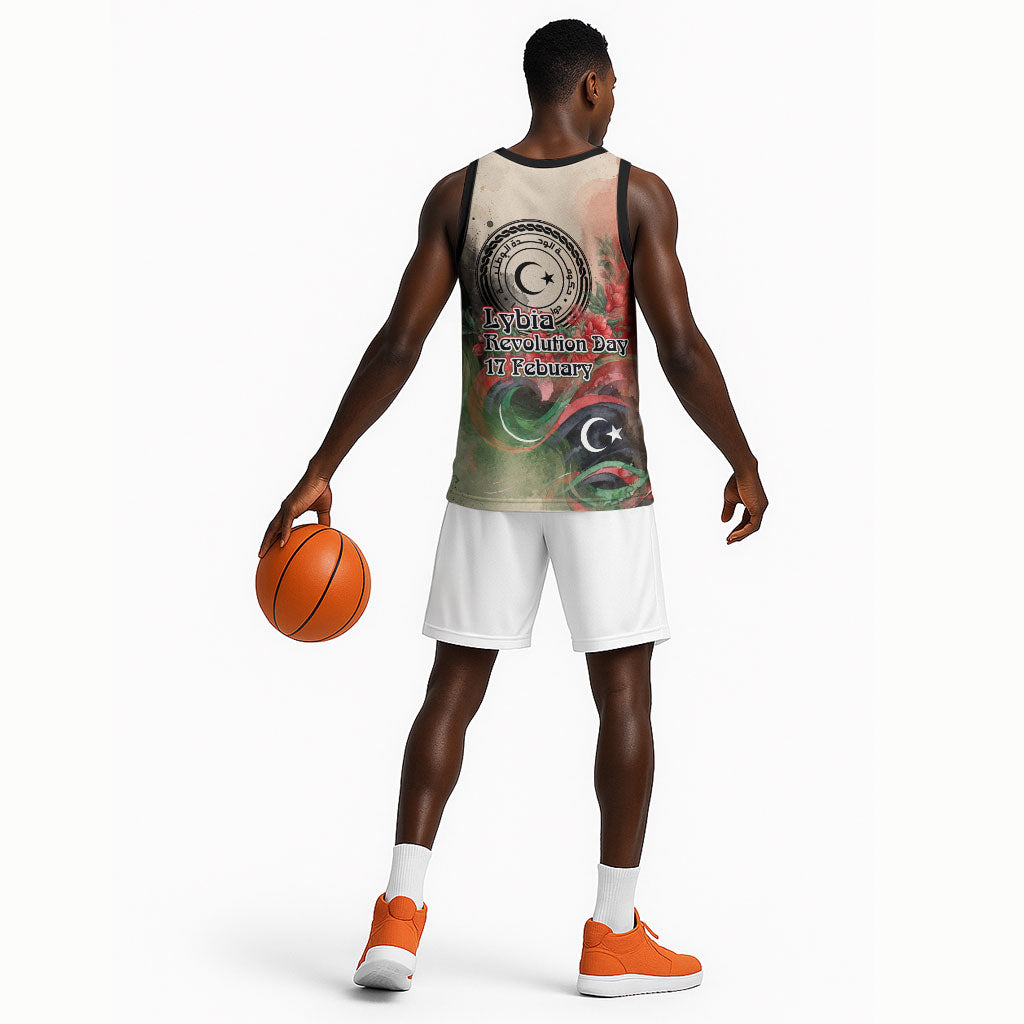 Libya Revolution Day Basketball Jersey Libyan National Pride Watercolor Flag Waves Floral