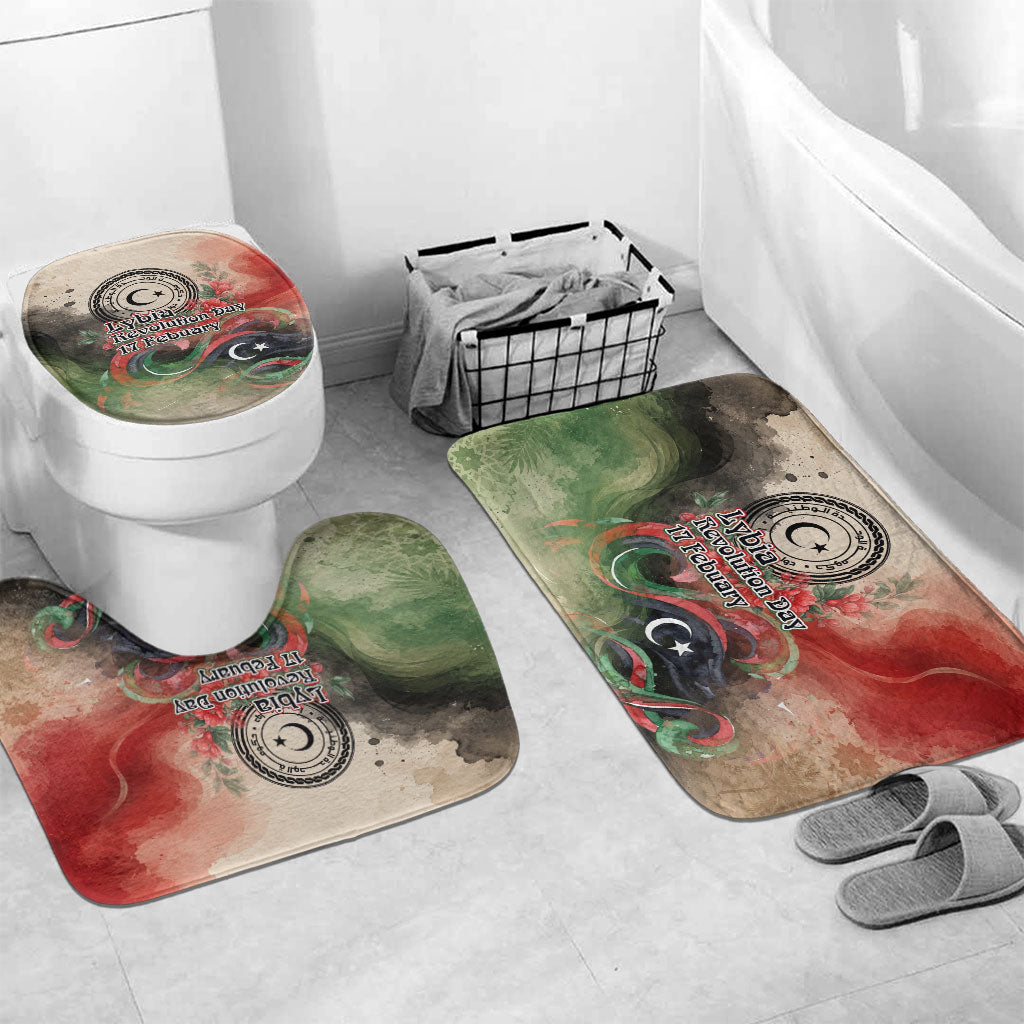 Libya Revolution Day Bathroom Set Libyan National Pride Watercolor Flag Waves Floral