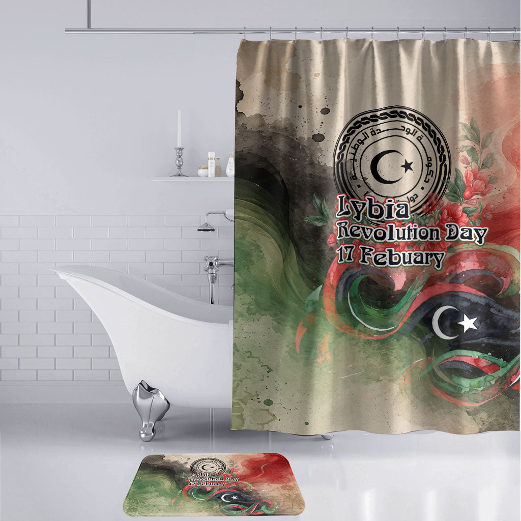 Libya Revolution Day Bathroom Set Libyan National Pride Watercolor Flag Waves Floral