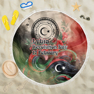 Libya Revolution Day Beach Blanket Libyan National Pride Watercolor Flag Waves Floral