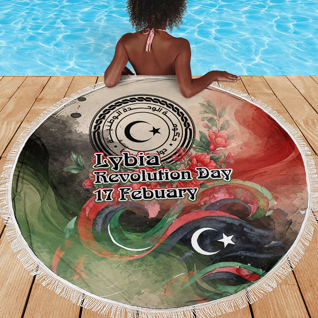 Libya Revolution Day Beach Blanket Libyan National Pride Watercolor Flag Waves Floral