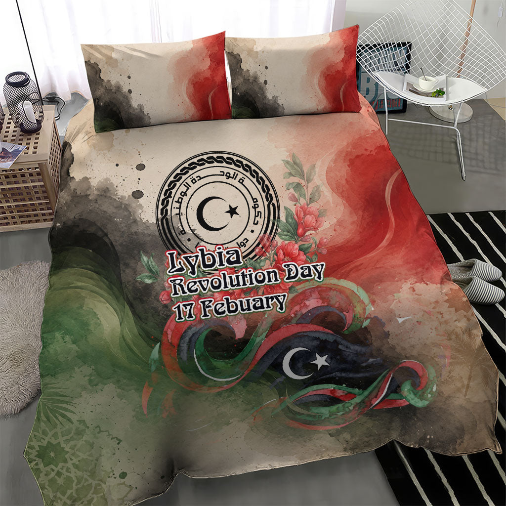 Libya Revolution Day Bedding Set Libyan National Pride Watercolor Flag Waves Floral