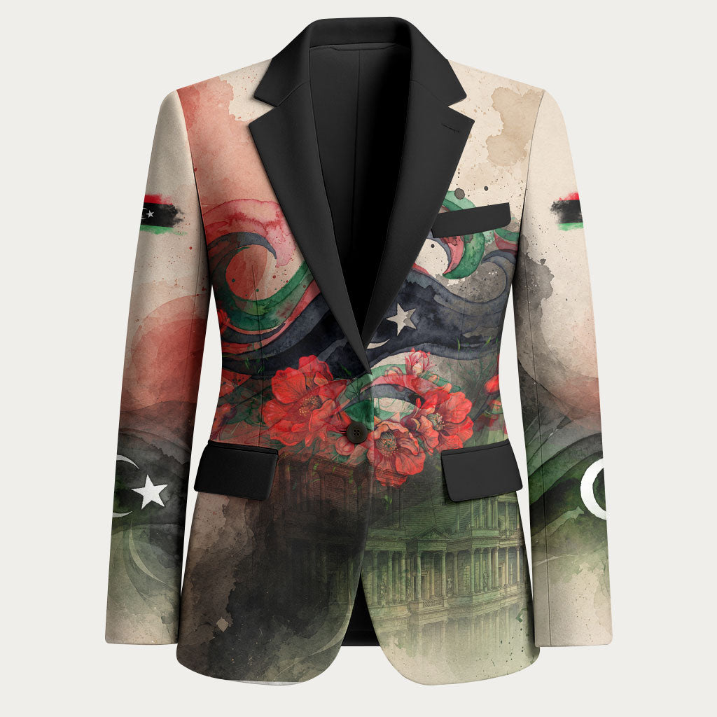 Libya Revolution Day Blazer Libyan National Pride Watercolor Flag Waves Floral