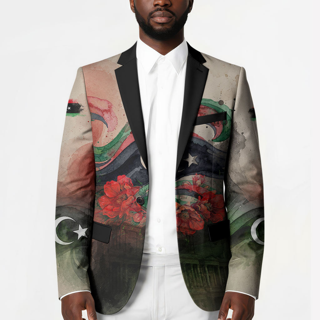 Libya Revolution Day Blazer Libyan National Pride Watercolor Flag Waves Floral
