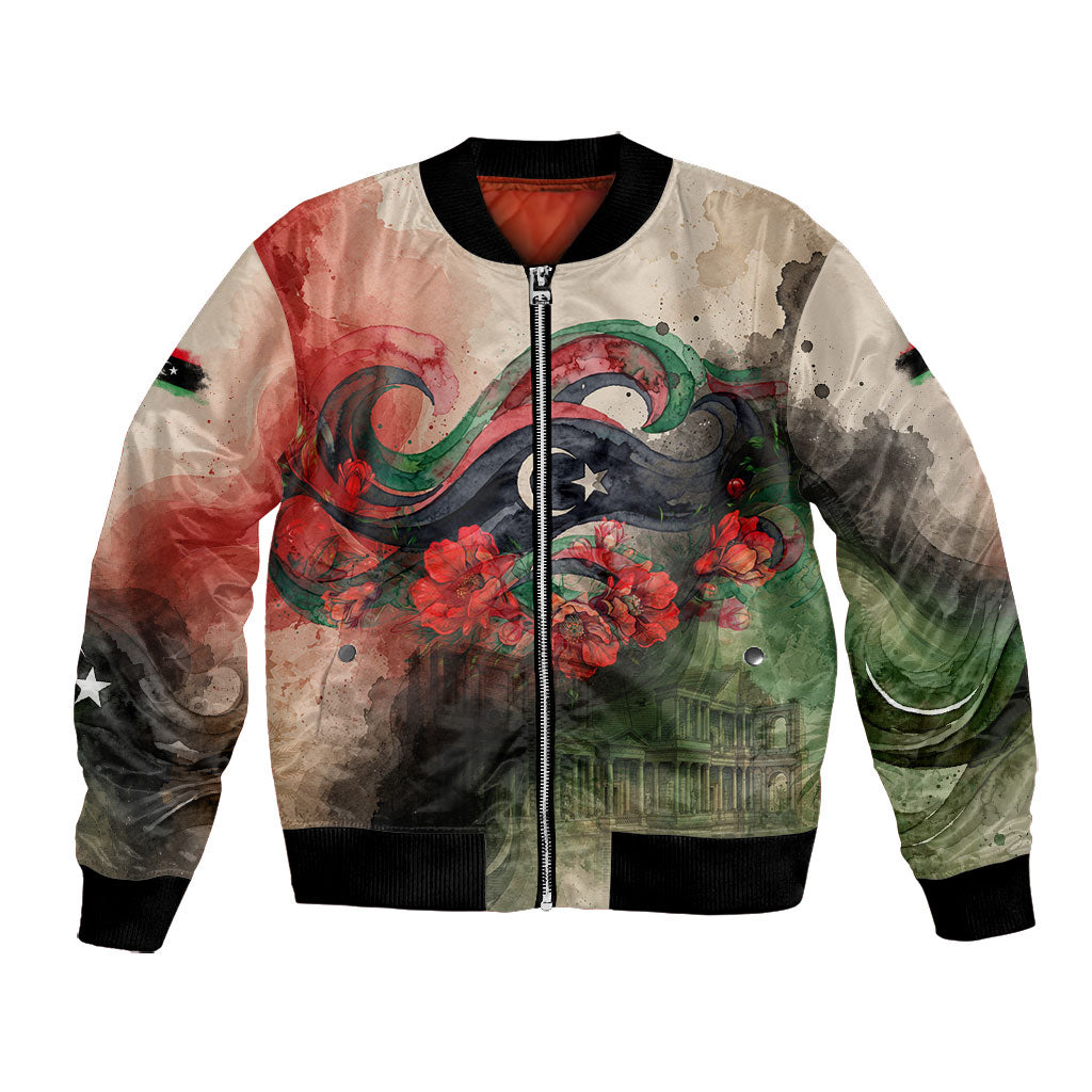 Libya Revolution Day Bomber Jacket Libyan National Pride Watercolor Flag Waves Floral