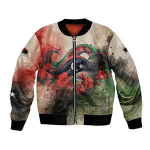 Libya Revolution Day Bomber Jacket Libyan National Pride Watercolor Flag Waves Floral