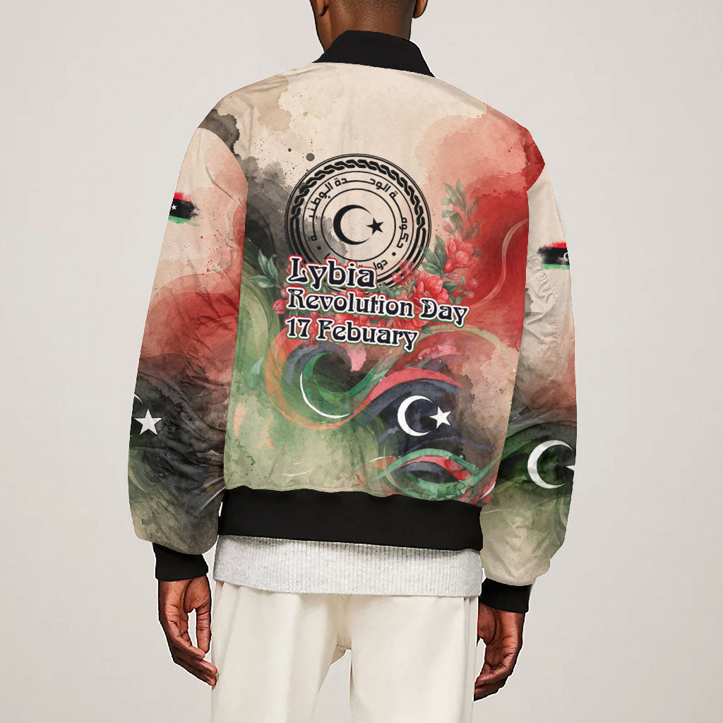 Libya Revolution Day Bomber Jacket Libyan National Pride Watercolor Flag Waves Floral