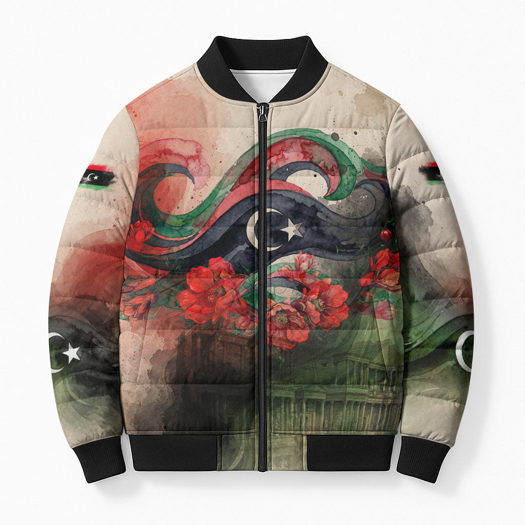 Libya Revolution Day Bomber Puffer Jacket Libyan National Pride Watercolor Flag Waves Floral