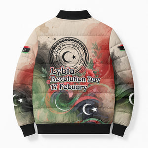 Libya Revolution Day Bomber Puffer Jacket Libyan National Pride Watercolor Flag Waves Floral