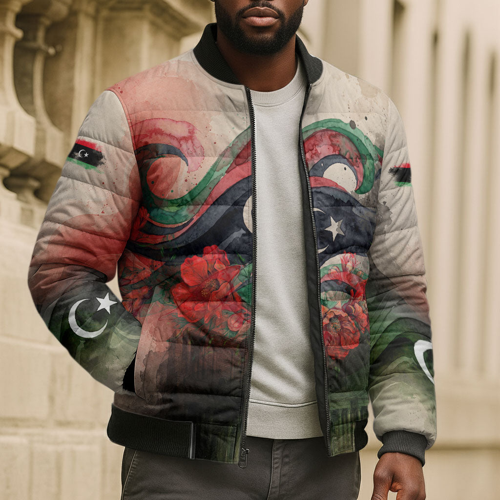 Libya Revolution Day Bomber Puffer Jacket Libyan National Pride Watercolor Flag Waves Floral