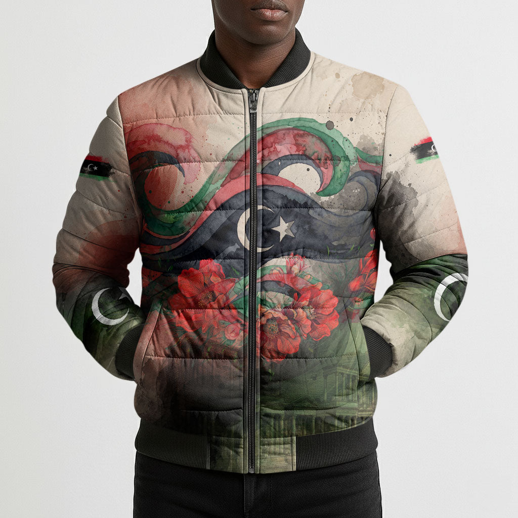 Libya Revolution Day Bomber Puffer Jacket Libyan National Pride Watercolor Flag Waves Floral