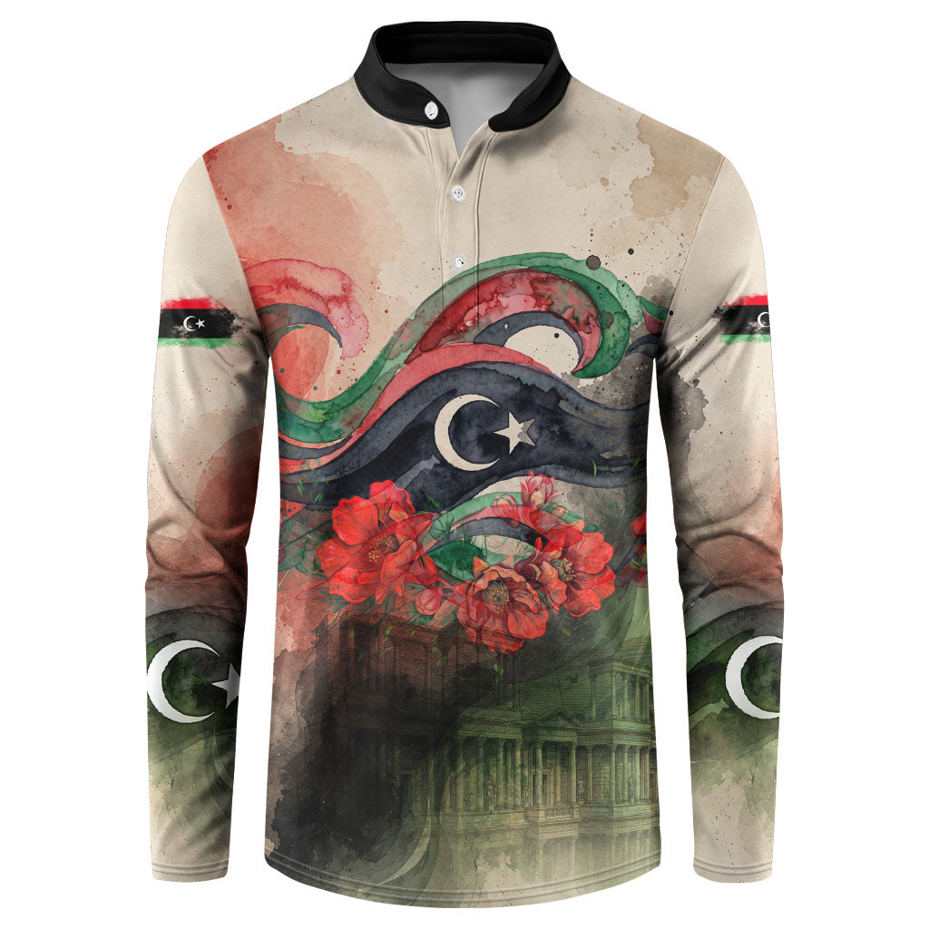 Libya Revolution Day Button Sweatshirt Libyan National Pride Watercolor Flag Waves Floral