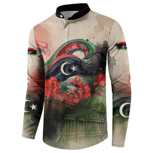 Libya Revolution Day Button Sweatshirt Libyan National Pride Watercolor Flag Waves Floral