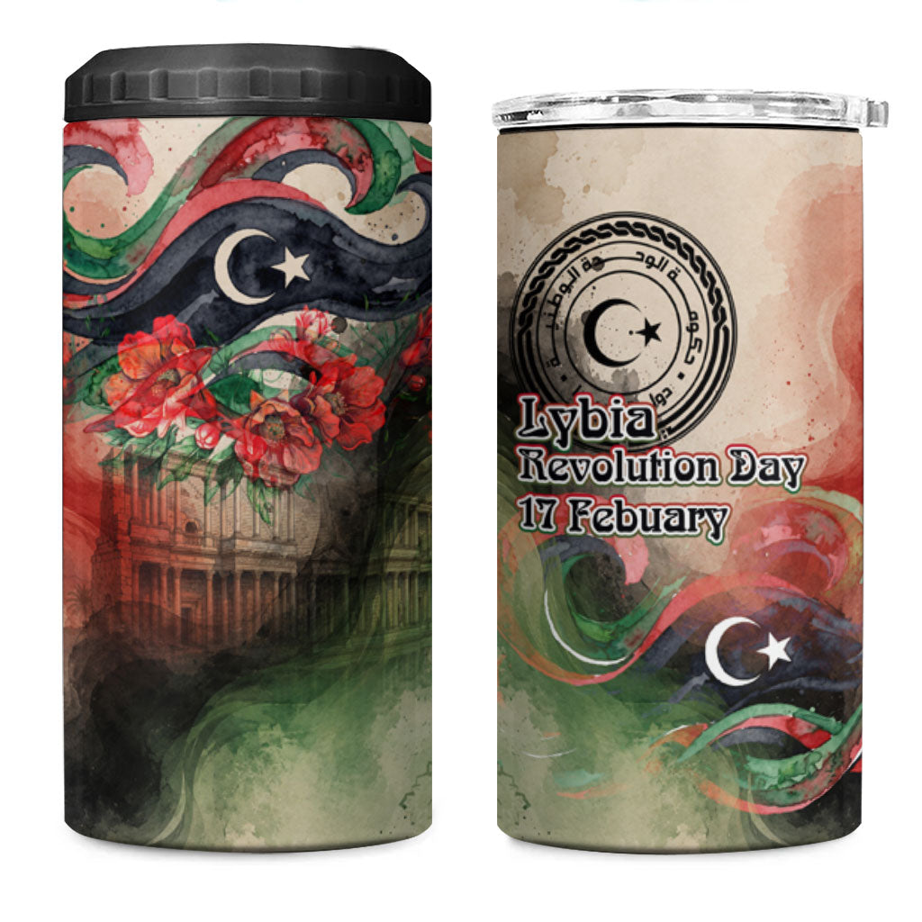 Libya Revolution Day 4 in 1 Can Cooler Tumbler Libyan National Pride Watercolor Flag Waves Floral
