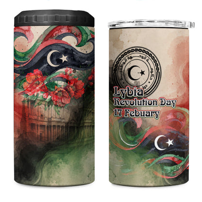 Libya Revolution Day 4 in 1 Can Cooler Tumbler Libyan National Pride Watercolor Flag Waves Floral
