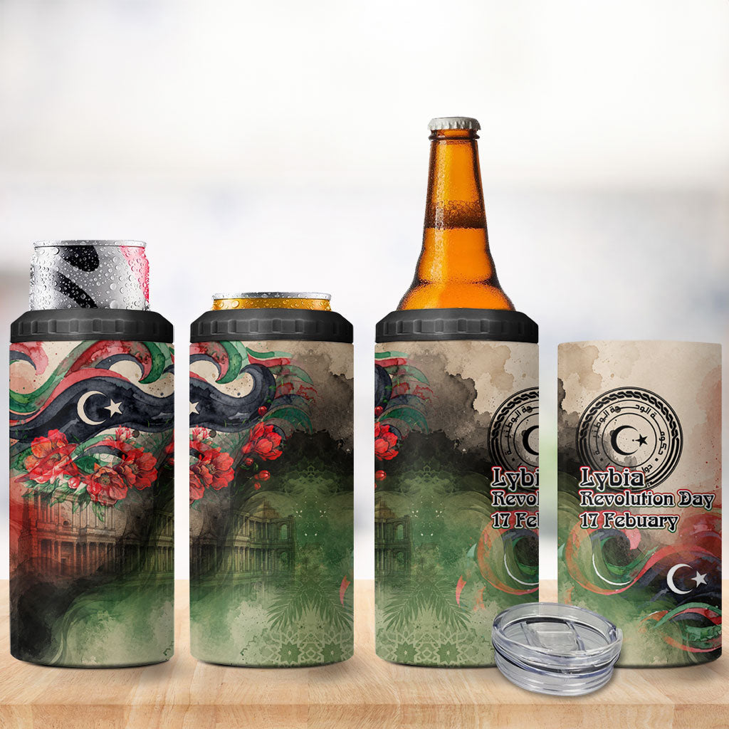 Libya Revolution Day 4 in 1 Can Cooler Tumbler Libyan National Pride Watercolor Flag Waves Floral