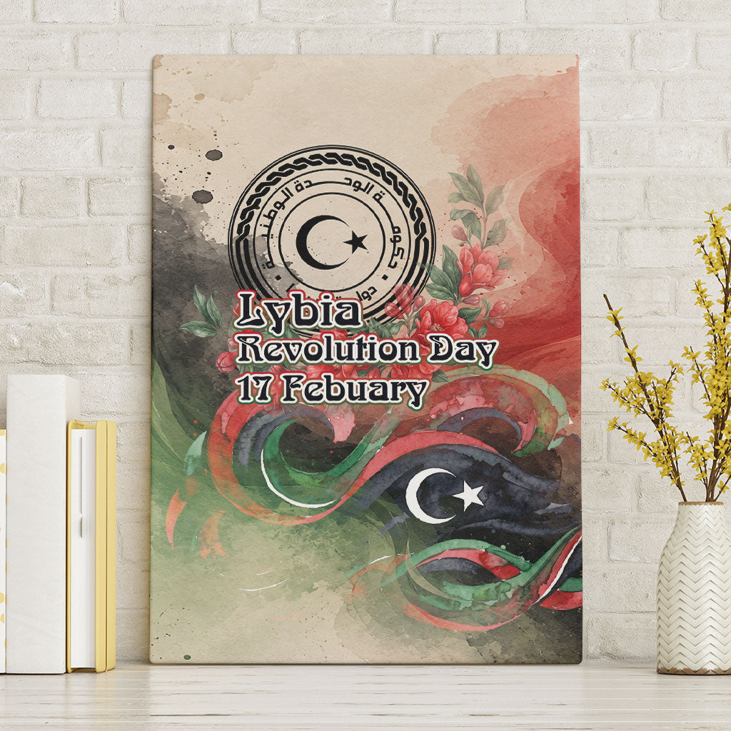 Libya Revolution Day Canvas Wall Art Libyan National Pride Watercolor Flag Waves Floral