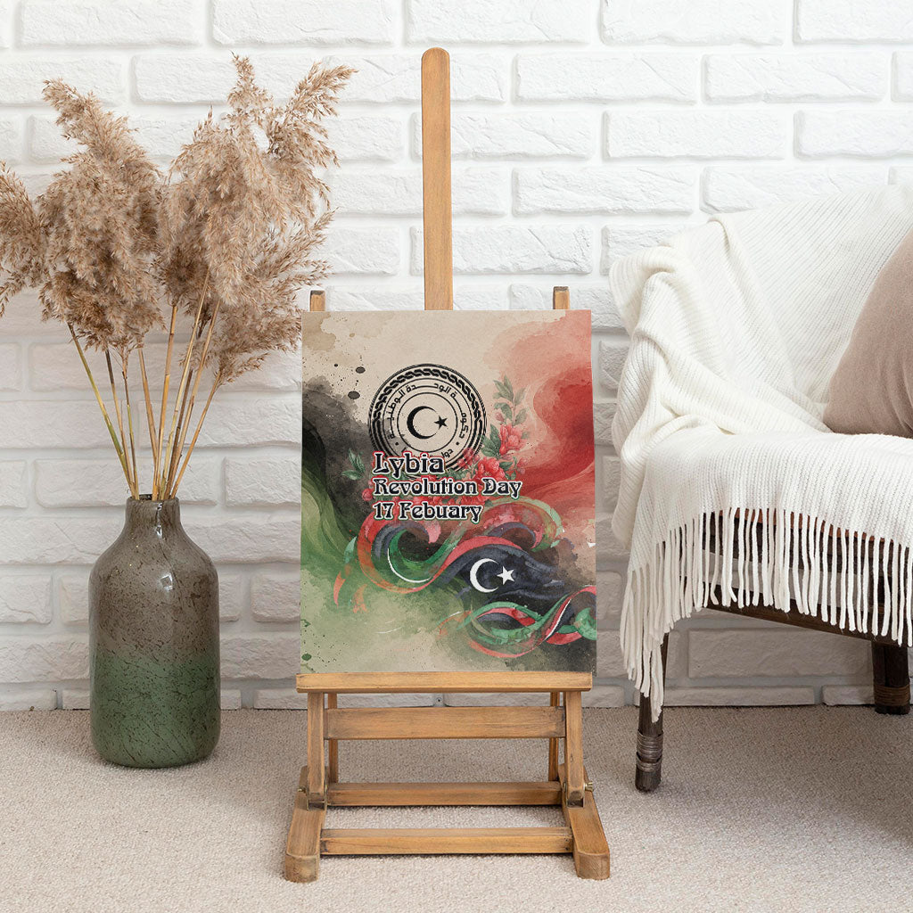 Libya Revolution Day Canvas Wall Art Libyan National Pride Watercolor Flag Waves Floral