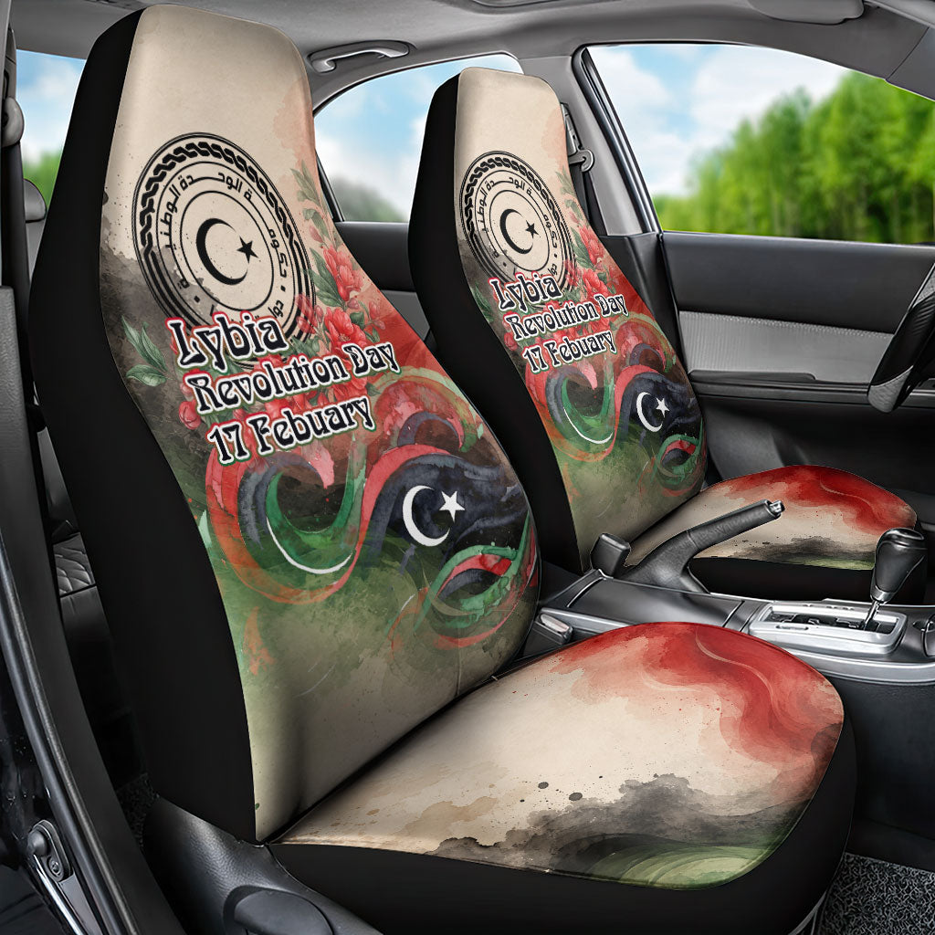 Libya Revolution Day Car Seat Cover Libyan National Pride Watercolor Flag Waves Floral
