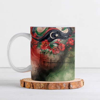 Libya Revolution Day Ceramic Mug Libyan National Pride Watercolor Flag Waves Floral
