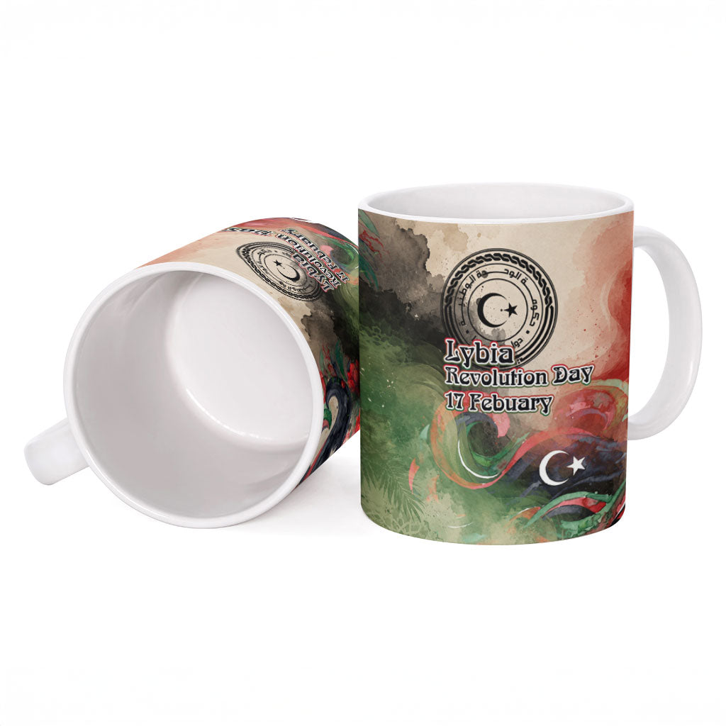 Libya Revolution Day Ceramic Mug Libyan National Pride Watercolor Flag Waves Floral