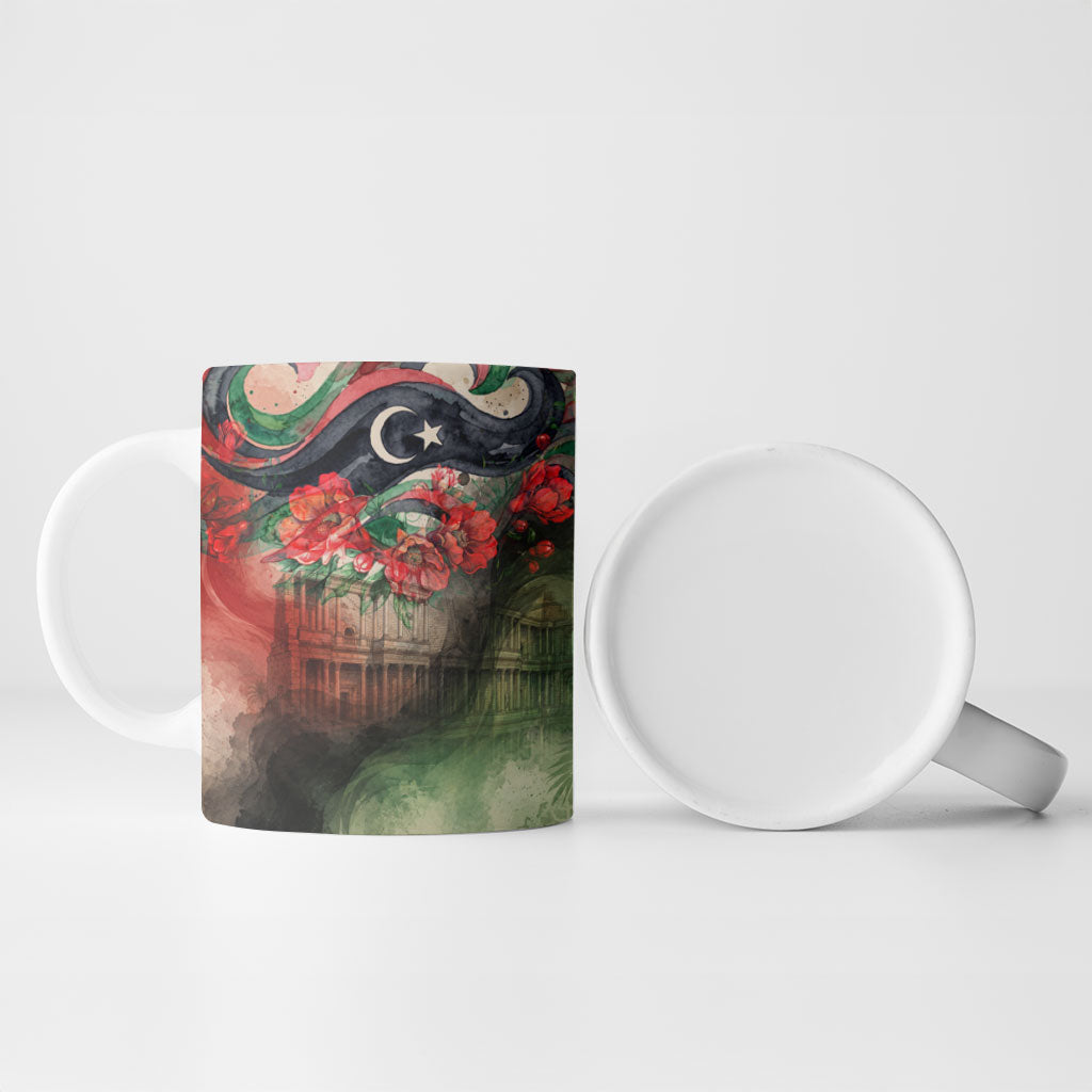 Libya Revolution Day Ceramic Mug Libyan National Pride Watercolor Flag Waves Floral