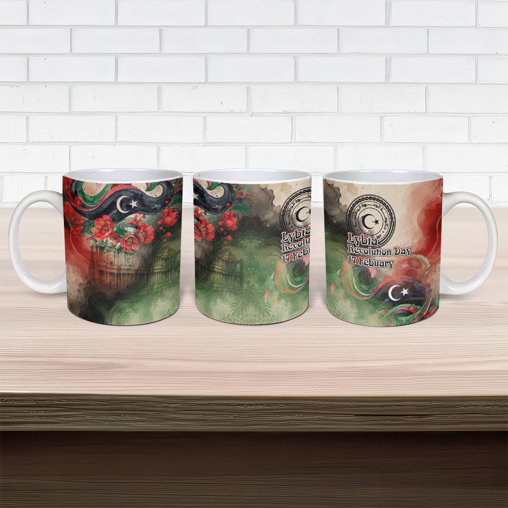 Libya Revolution Day Ceramic Mug Libyan National Pride Watercolor Flag Waves Floral