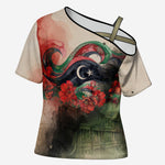 Libya Revolution Day Cross Shoulder Shirt Libyan National Pride Watercolor Flag Waves Floral