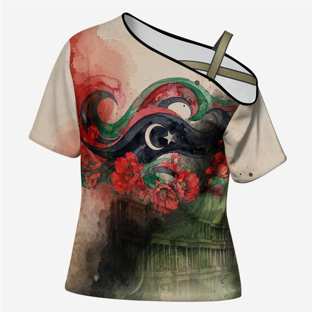 Libya Revolution Day Cross Shoulder Shirt Libyan National Pride Watercolor Flag Waves Floral