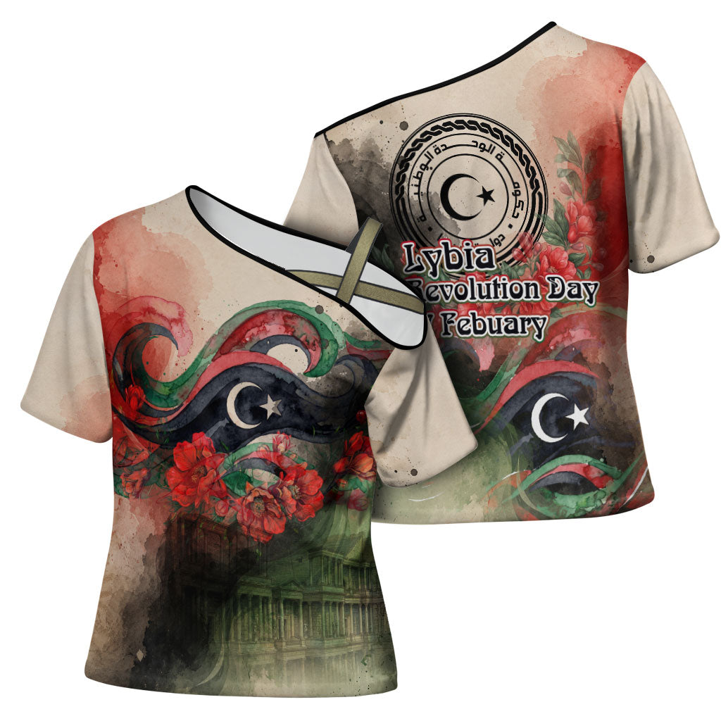 Libya Revolution Day Cross Shoulder Shirt Libyan National Pride Watercolor Flag Waves Floral
