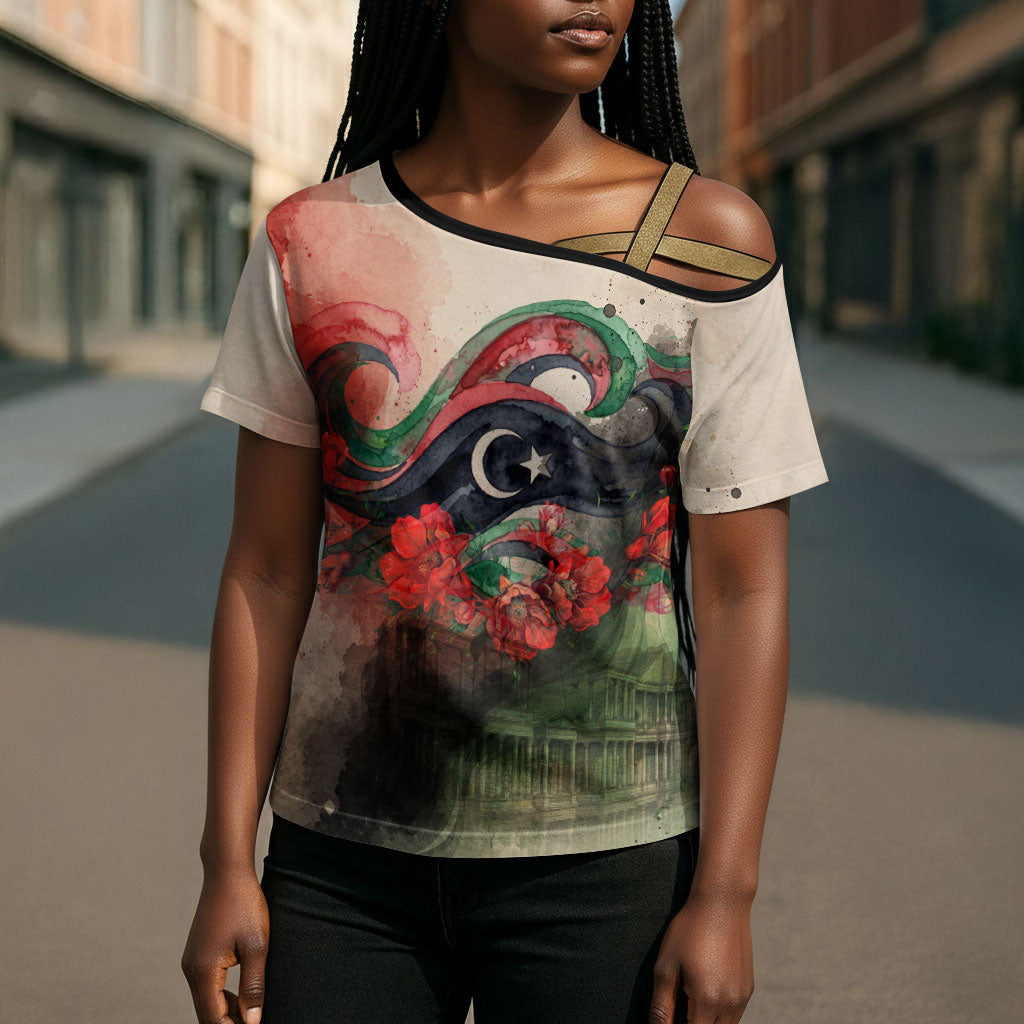 Libya Revolution Day Cross Shoulder Shirt Libyan National Pride Watercolor Flag Waves Floral