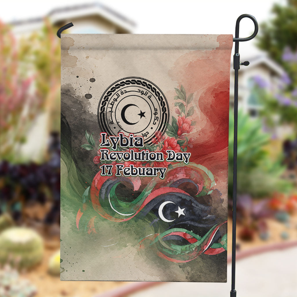 Libya Revolution Day Garden Flag Libyan National Pride Watercolor Flag Waves Floral