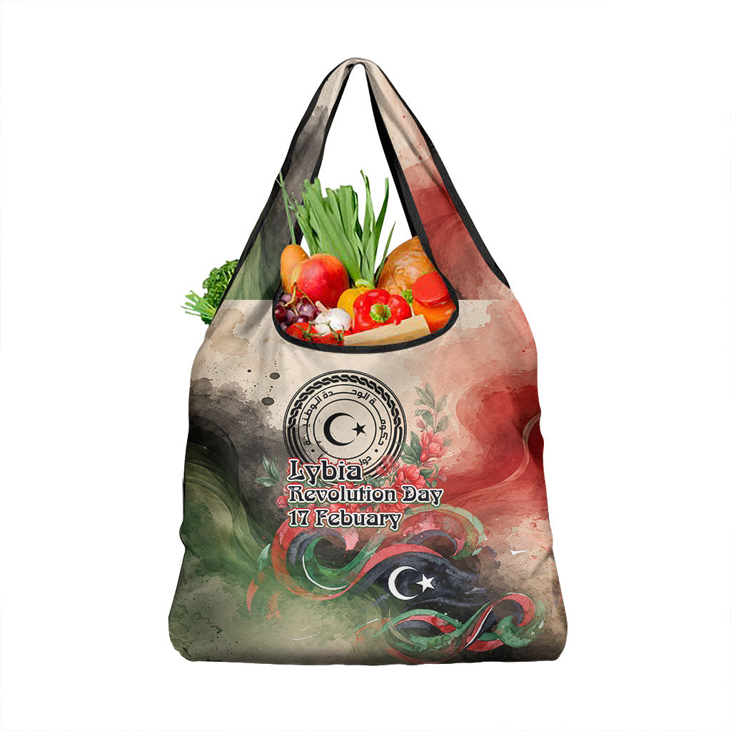 Libya Revolution Day Grocery Bag Libyan National Pride Watercolor Flag Waves Floral