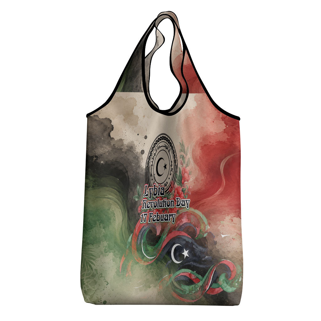 Libya Revolution Day Grocery Bag Libyan National Pride Watercolor Flag Waves Floral