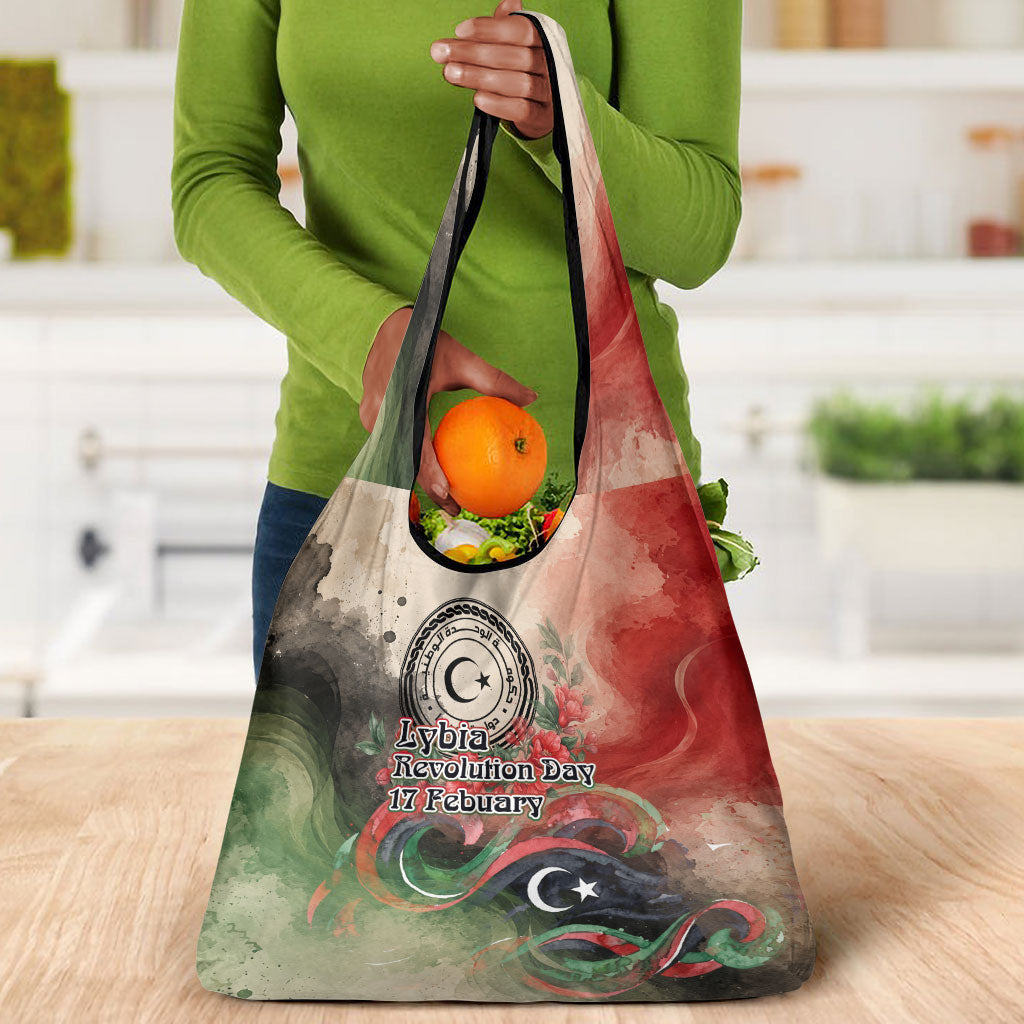 Libya Revolution Day Grocery Bag Libyan National Pride Watercolor Flag Waves Floral