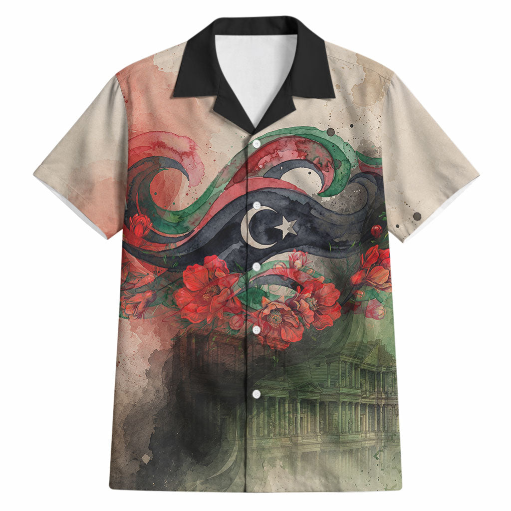 Libya Revolution Day Hawaiian Shirt Libyan National Pride Watercolor Flag Waves Floral