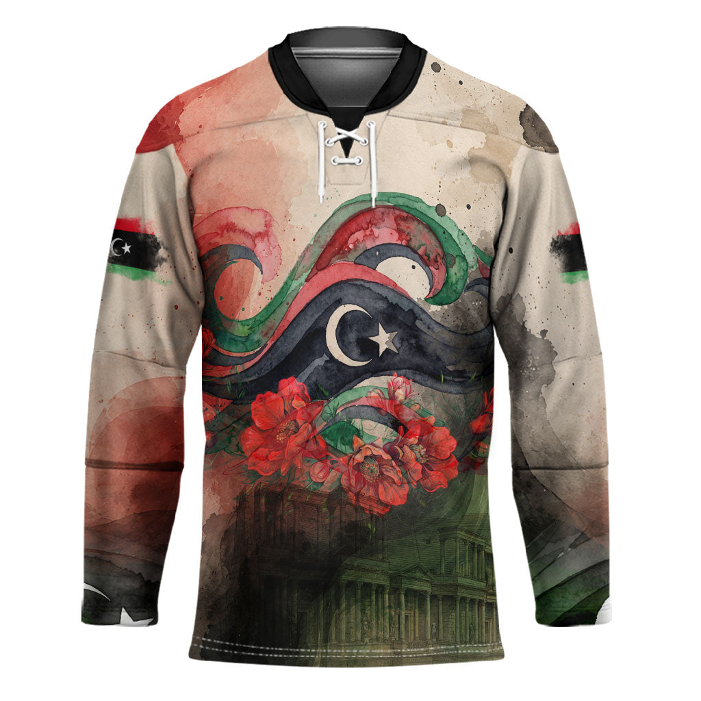 Libya Revolution Day Hockey Jersey Libyan National Pride Watercolor Flag Waves Floral