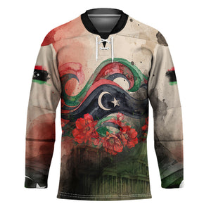 Libya Revolution Day Hockey Jersey Libyan National Pride Watercolor Flag Waves Floral