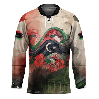 Libya Revolution Day Hockey Jersey Libyan National Pride Watercolor Flag Waves Floral