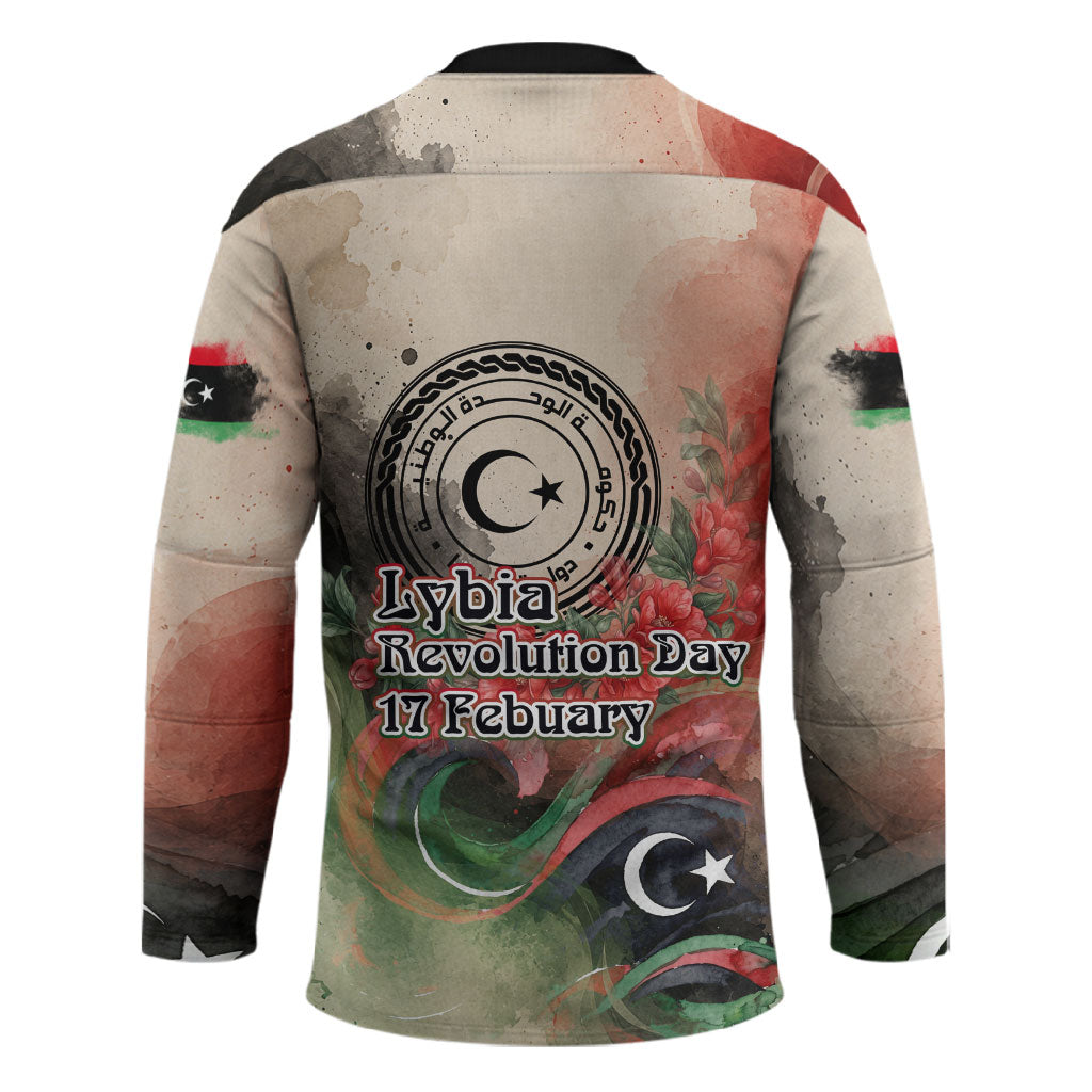 Libya Revolution Day Hockey Jersey Libyan National Pride Watercolor Flag Waves Floral