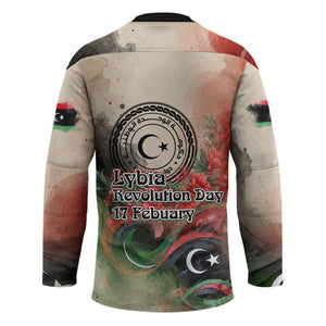 Libya Revolution Day Hockey Jersey Libyan National Pride Watercolor Flag Waves Floral
