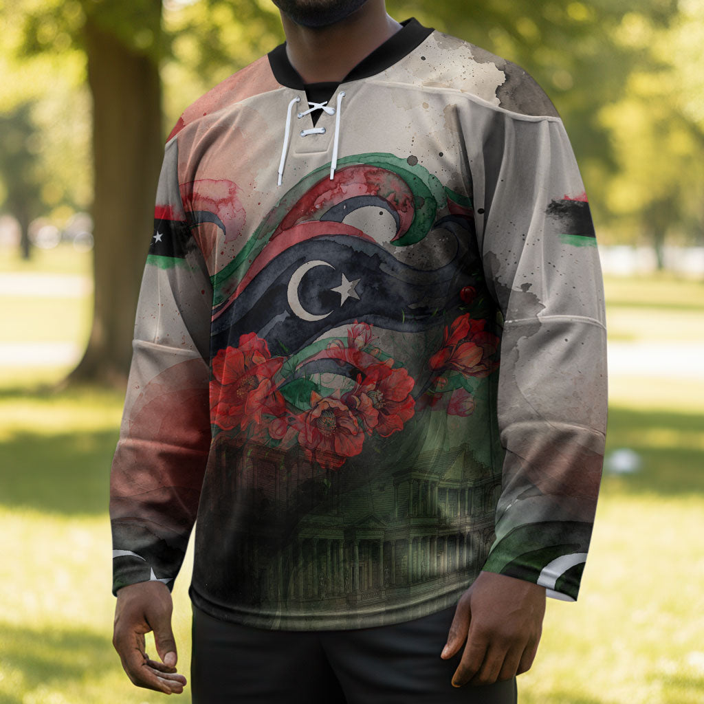 Libya Revolution Day Hockey Jersey Libyan National Pride Watercolor Flag Waves Floral