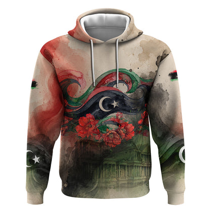 Libya Revolution Day Hoodie Libyan National Pride Watercolor Flag Waves Floral