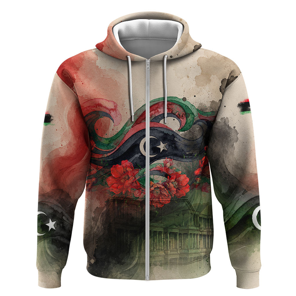 Libya Revolution Day Hoodie Libyan National Pride Watercolor Flag Waves Floral