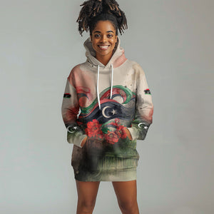 Libya Revolution Day Hoodie Dress Libyan National Pride Watercolor Flag Waves Floral