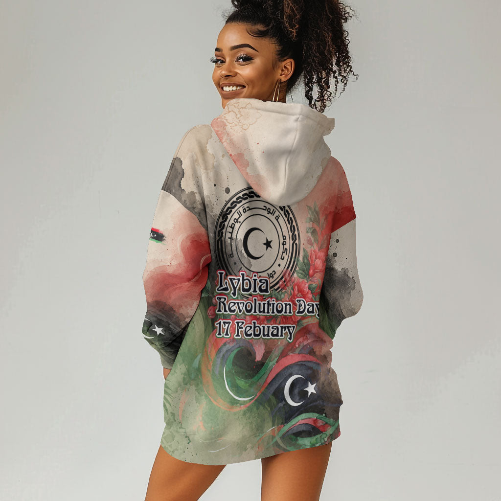 Libya Revolution Day Hoodie Dress Libyan National Pride Watercolor Flag Waves Floral