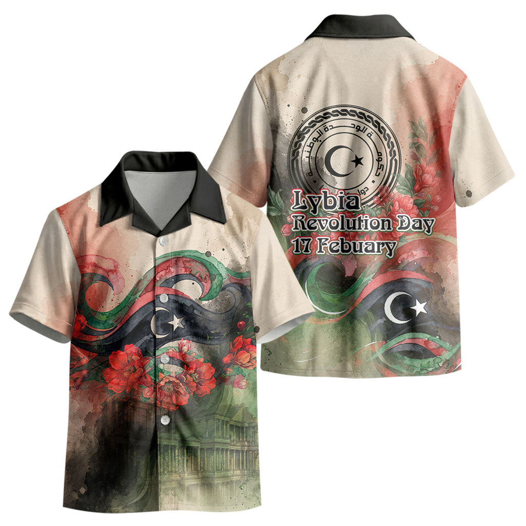 Libya Revolution Day Kid Hawaiian Shirt Libyan National Pride Watercolor Flag Waves Floral