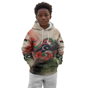 Libya Revolution Day Kid Hoodie Libyan National Pride Watercolor Flag Waves Floral